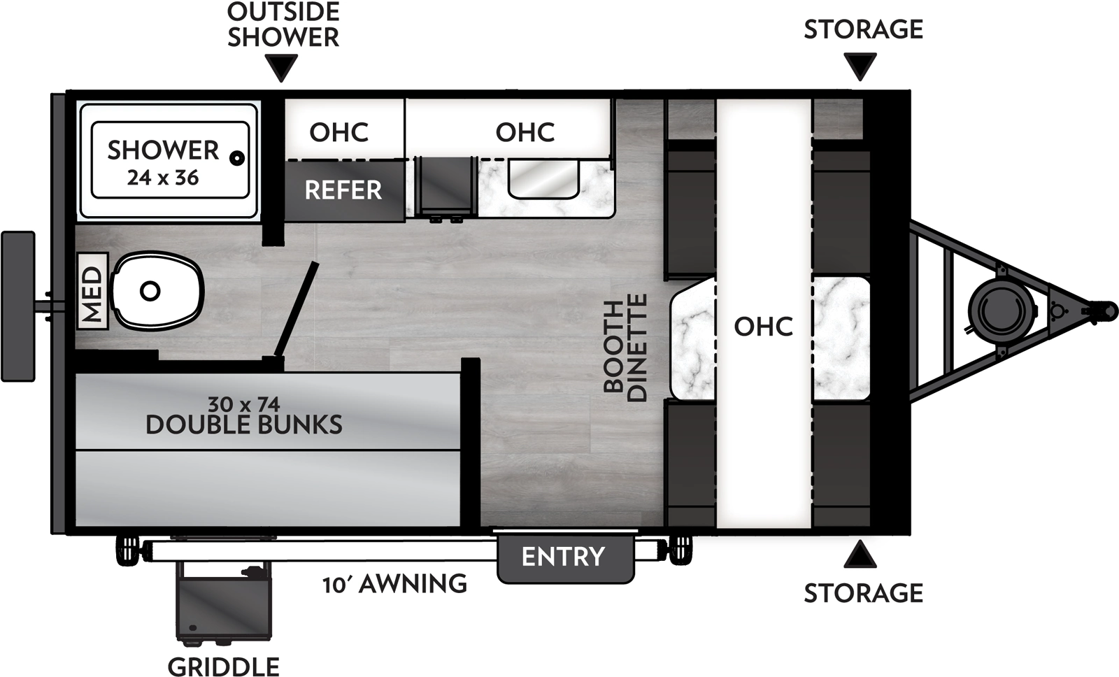 The Remote 12.3R floorplan has one entry and zero slide outs. Exterior features include: fiberglass exterior and 10' awning. Interiors features include: bunk beds.